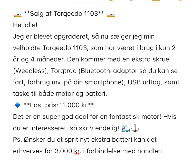 Salg af Torqeedo 1103 250925 mariager annonce 1103