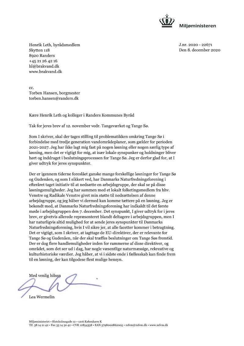 Svar fra Lea Wermelin Miljøminister Lea Wermelins svar på henvendelse af 12. november 2020